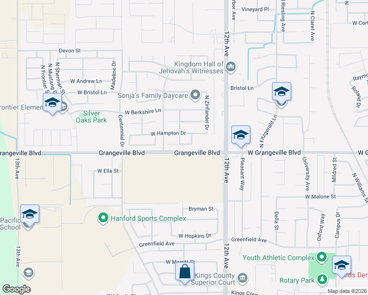 map of restaurants, bars, coffee shops, grocery stores, and more near 1872 West Claridge Way in Hanford