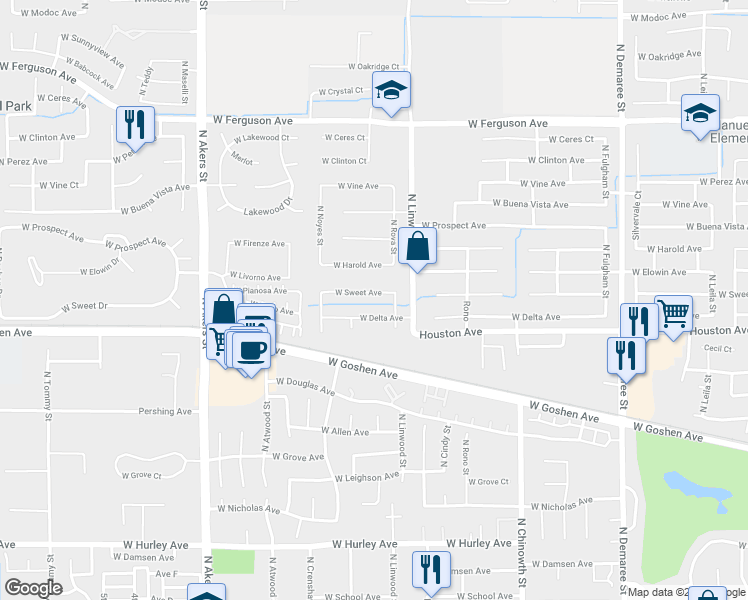 map of restaurants, bars, coffee shops, grocery stores, and more near 4635 West Sweet Avenue in Visalia