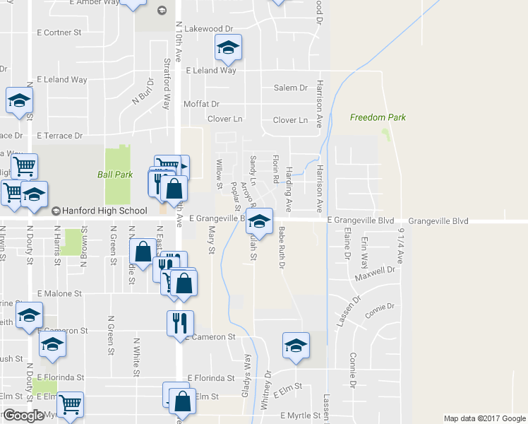 map of restaurants, bars, coffee shops, grocery stores, and more near Hanford Expressway in Hanford