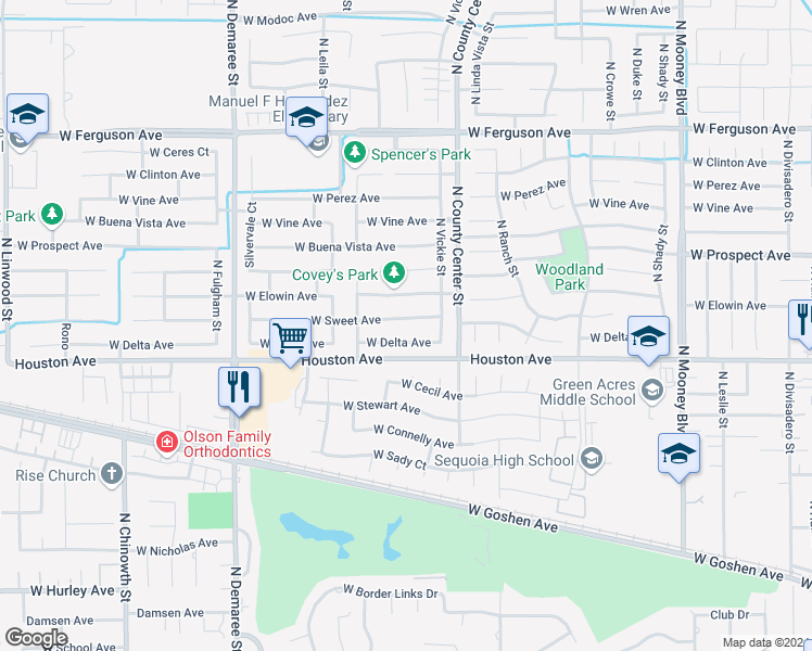 map of restaurants, bars, coffee shops, grocery stores, and more near 3045 West Sweet Avenue in Visalia
