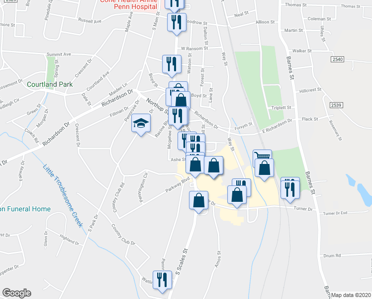 map of restaurants, bars, coffee shops, grocery stores, and more near 1402 South Scales Street in Reidsville