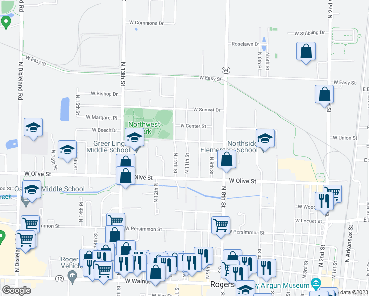 map of restaurants, bars, coffee shops, grocery stores, and more near 920 North 11th Street in Rogers