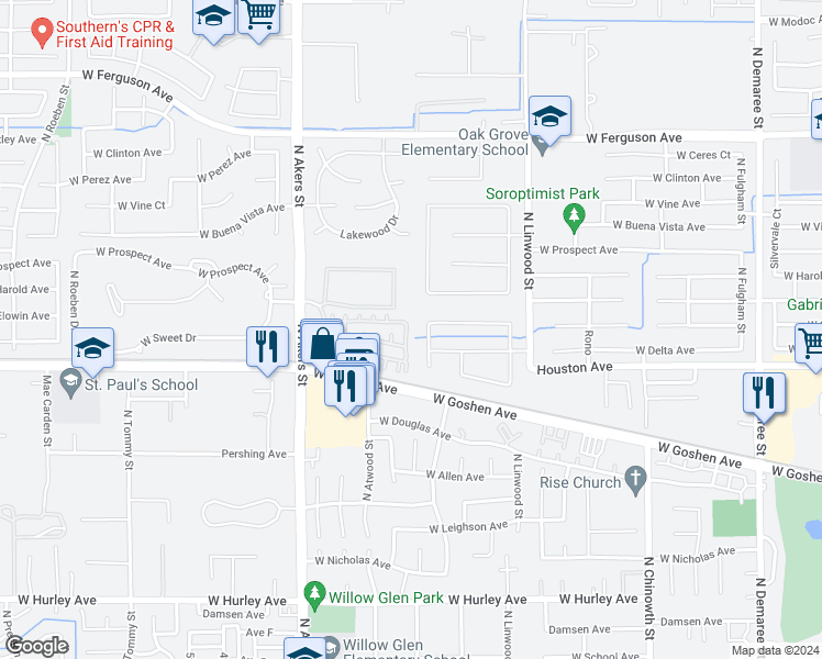 map of restaurants, bars, coffee shops, grocery stores, and more near 1546 North Pisa Street in Visalia