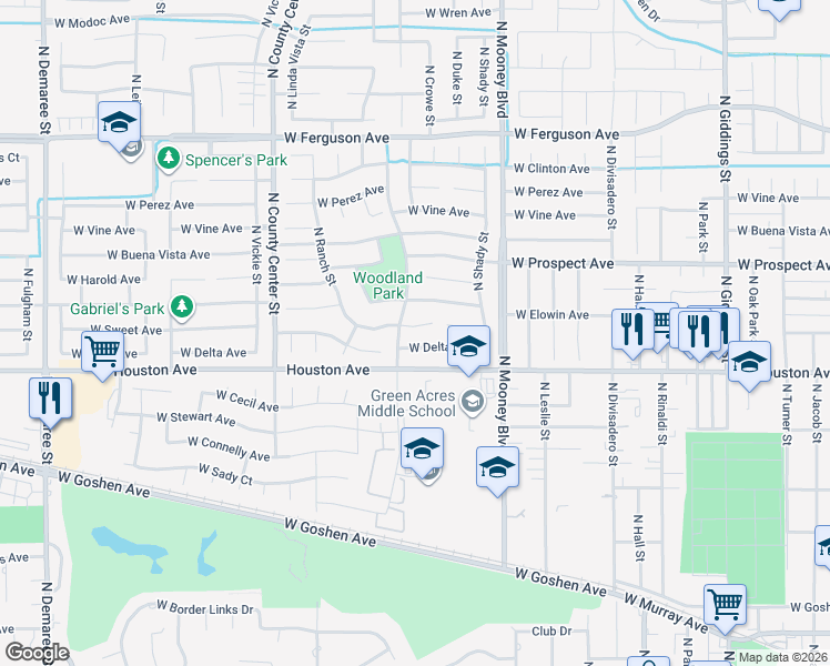 map of restaurants, bars, coffee shops, grocery stores, and more near 2426 West Sweet Court in Visalia
