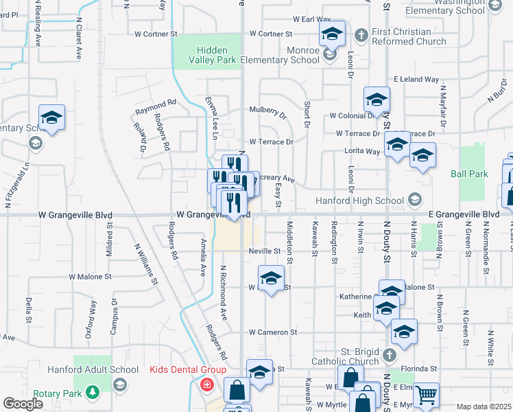 map of restaurants, bars, coffee shops, grocery stores, and more near 1713 McKinley Avenue in Hanford