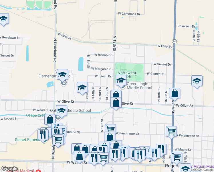 map of restaurants, bars, coffee shops, grocery stores, and more near 907 North 13th Place in Rogers