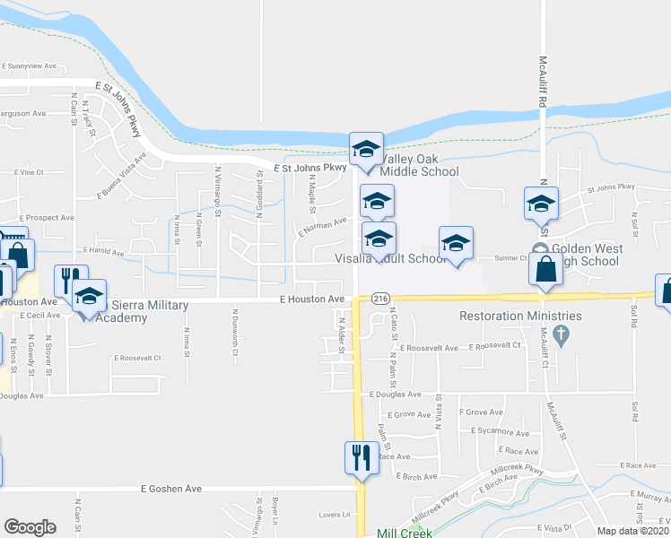 map of restaurants, bars, coffee shops, grocery stores, and more near 2801 East Sweet Avenue in Visalia