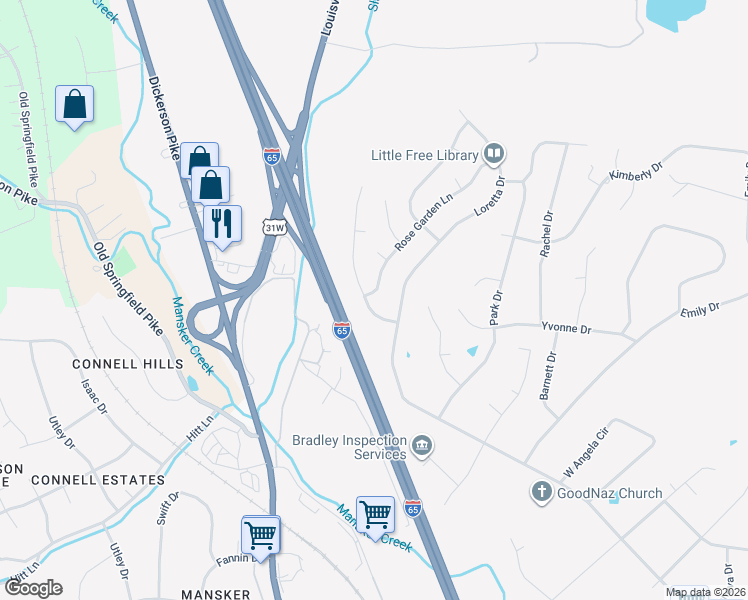 map of restaurants, bars, coffee shops, grocery stores, and more near 107 Braxton Park Lane in Goodlettsville