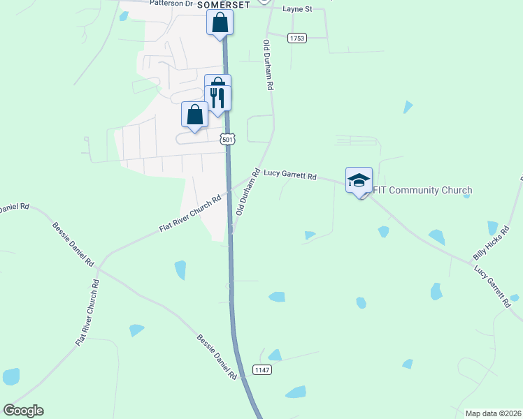 map of restaurants, bars, coffee shops, grocery stores, and more near 2551 Old Durham Road in Roxboro