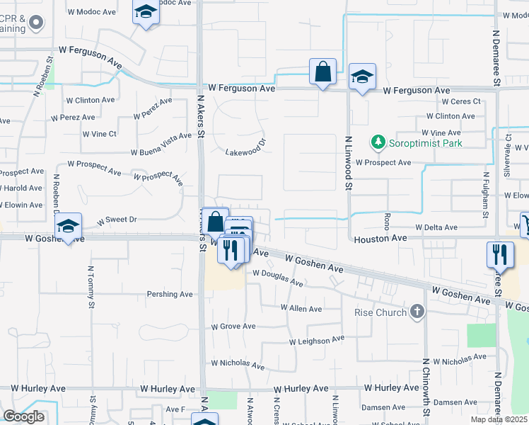 map of restaurants, bars, coffee shops, grocery stores, and more near 1538 North Pratos Street in Visalia