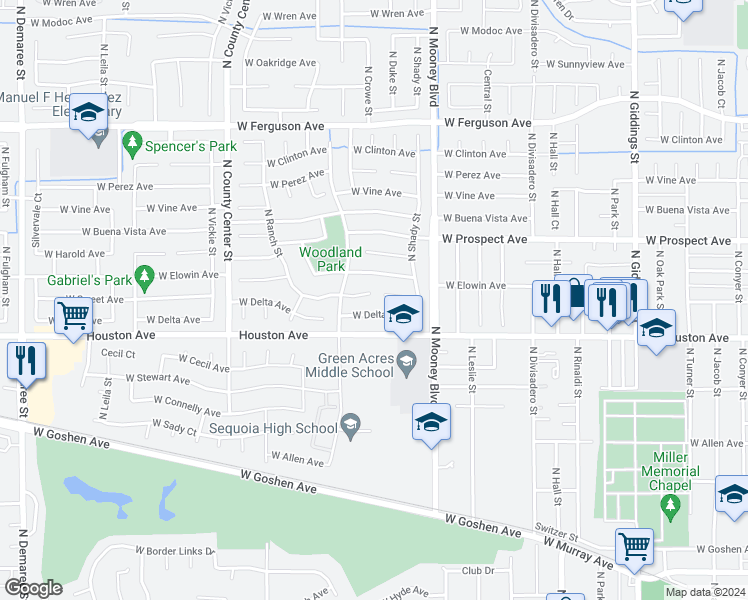 map of restaurants, bars, coffee shops, grocery stores, and more near 2403 West Sweet Court in Visalia