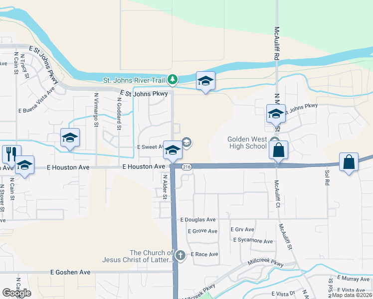 map of restaurants, bars, coffee shops, grocery stores, and more near 1700 North Lovers Lane in Visalia