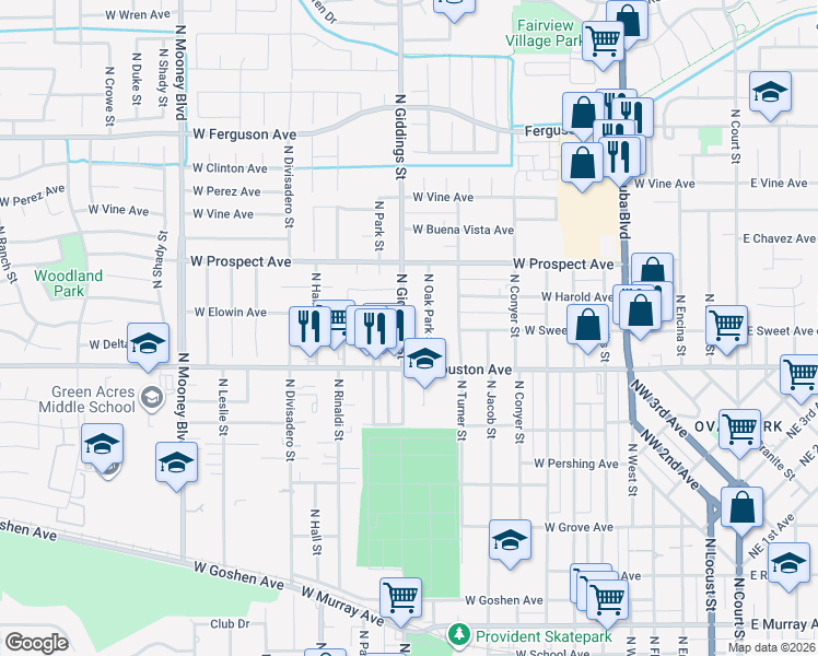 map of restaurants, bars, coffee shops, grocery stores, and more near 1540 North Giddings Street in Visalia