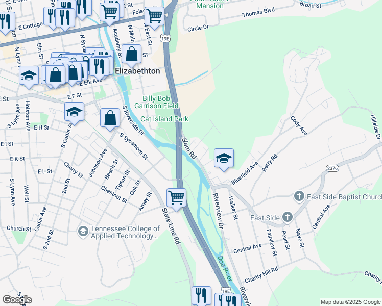 map of restaurants, bars, coffee shops, grocery stores, and more near 800 Siam Road in Elizabethton