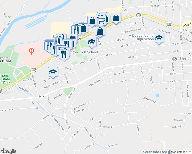 map of restaurants, bars, coffee shops, grocery stores, and more near 912 West G Street in Elizabethton