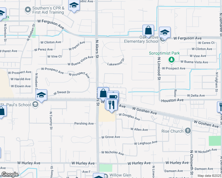 map of restaurants, bars, coffee shops, grocery stores, and more near 5115 West Pianosa Avenue in Visalia