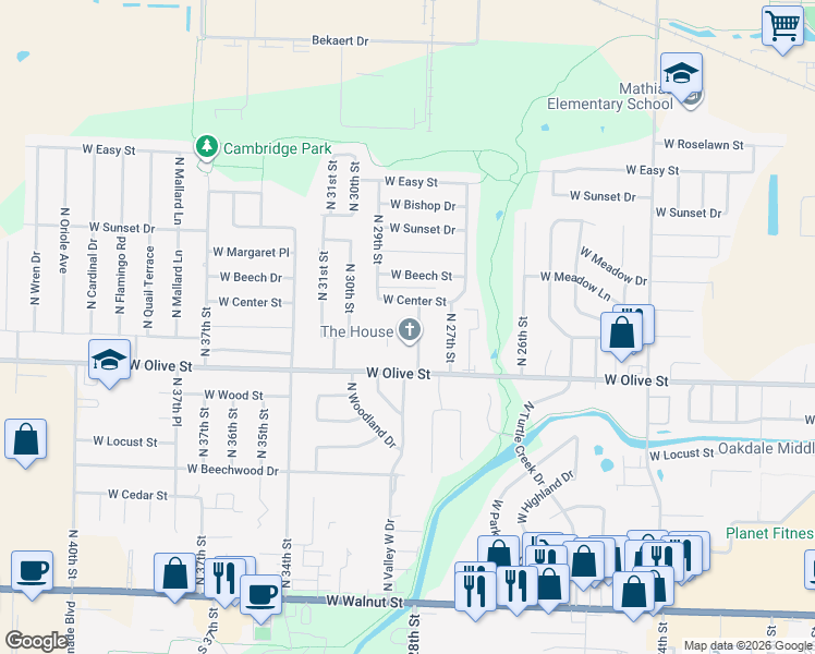 map of restaurants, bars, coffee shops, grocery stores, and more near 2808 West Center Street in Rogers