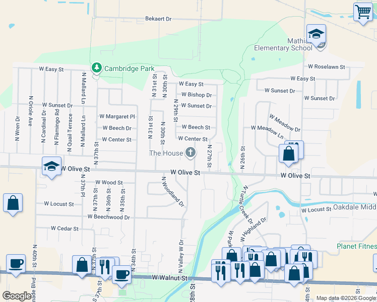 map of restaurants, bars, coffee shops, grocery stores, and more near 2808 West Center Street in Rogers