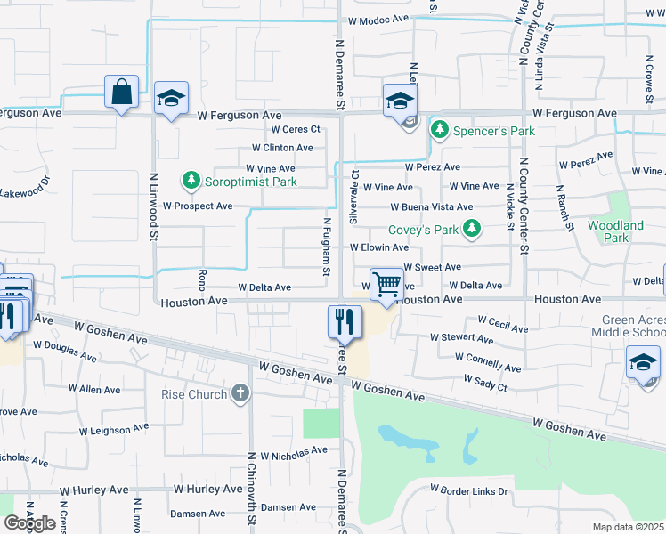map of restaurants, bars, coffee shops, grocery stores, and more near 1420 North Fulgham Street in Visalia