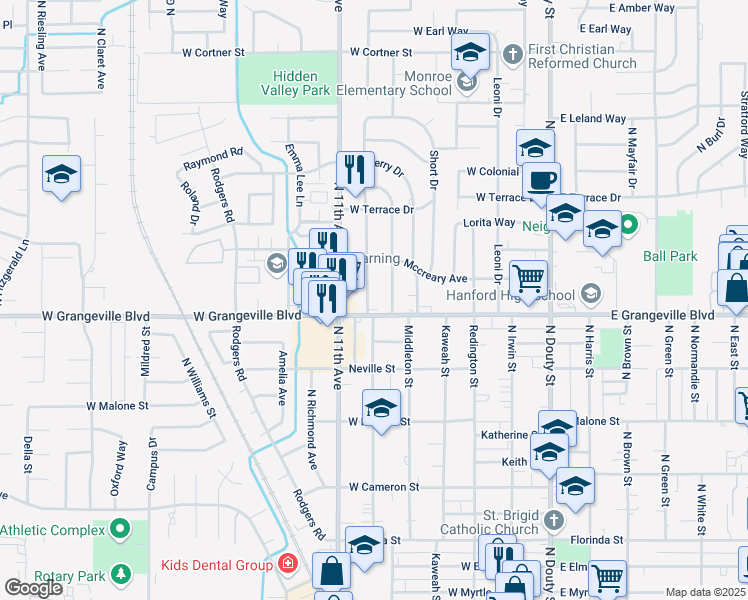 map of restaurants, bars, coffee shops, grocery stores, and more near 1713 McKinley Avenue in Hanford