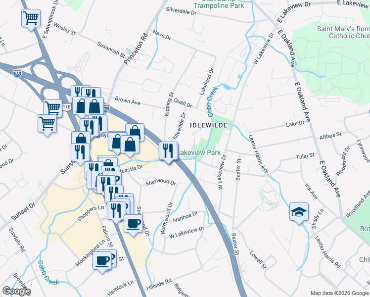 map of restaurants, bars, coffee shops, grocery stores, and more near 1600 Idlewild Drive in Johnson City