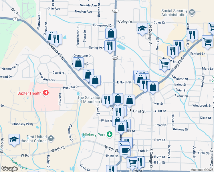 map of restaurants, bars, coffee shops, grocery stores, and more near 312 West North Street in Mountain Home