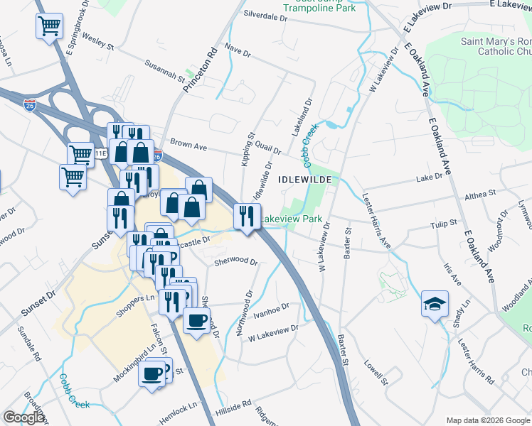 map of restaurants, bars, coffee shops, grocery stores, and more near 1600 Idlewild Drive in Johnson City