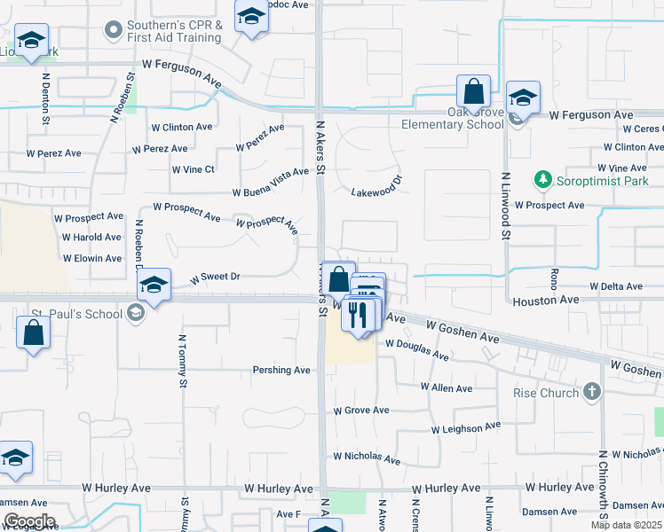 map of restaurants, bars, coffee shops, grocery stores, and more near 5223 West Pianosa Court in Visalia