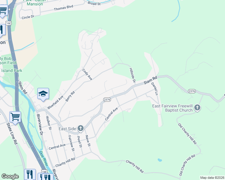 map of restaurants, bars, coffee shops, grocery stores, and more near 800 Grand Avenue in Elizabethton