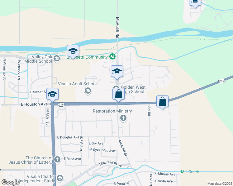 map of restaurants, bars, coffee shops, grocery stores, and more near 1717 North McAuliff Street in Visalia