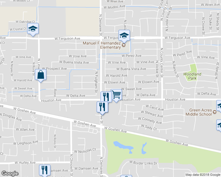 map of restaurants, bars, coffee shops, grocery stores, and more near 3612 West Sweet Avenue in Visalia