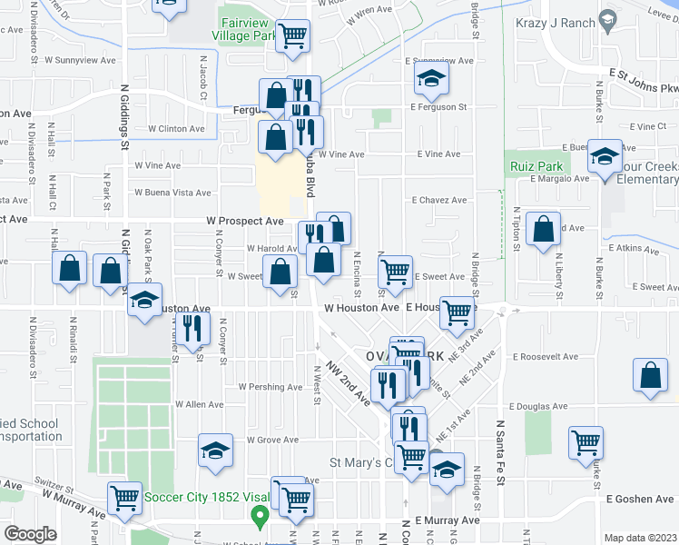 map of restaurants, bars, coffee shops, grocery stores, and more near 320 West Sweet Avenue in Visalia