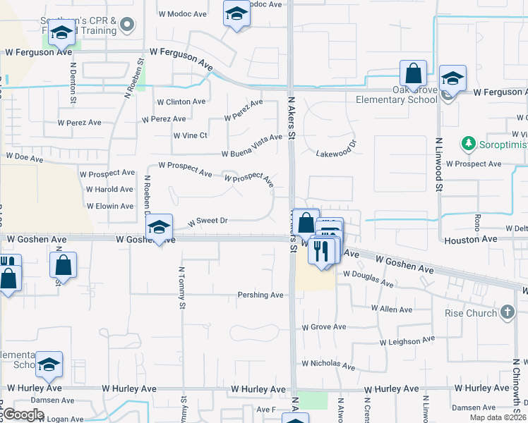 map of restaurants, bars, coffee shops, grocery stores, and more near 5548 West Sweet Drive in Visalia