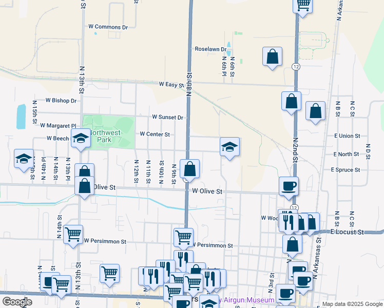 map of restaurants, bars, coffee shops, grocery stores, and more near 706 West Will Rogers Drive in Rogers