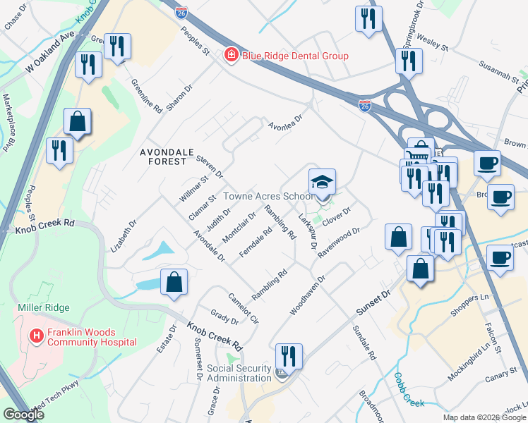 map of restaurants, bars, coffee shops, grocery stores, and more near 702 Montclair Drive in Johnson City