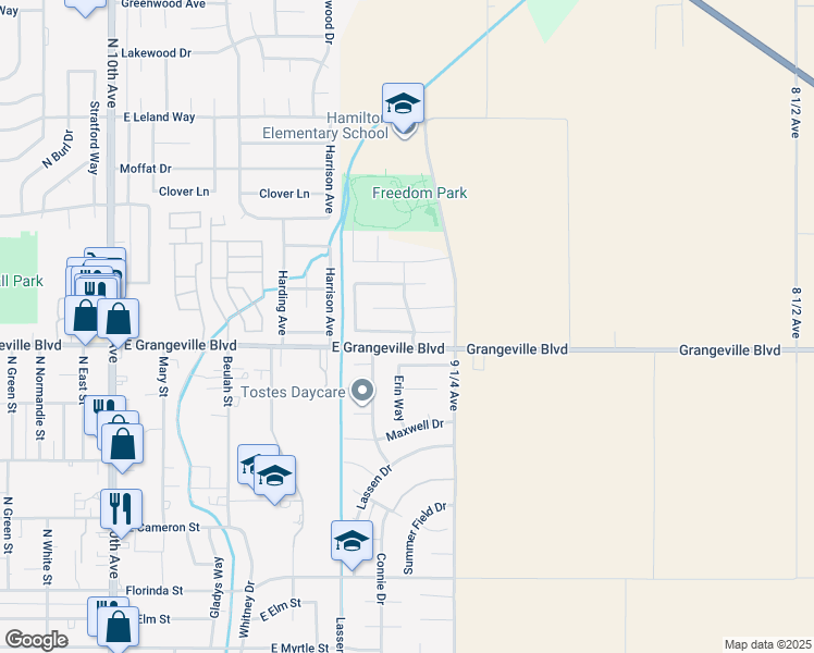 map of restaurants, bars, coffee shops, grocery stores, and more near 1272 Hoover Way in Hanford