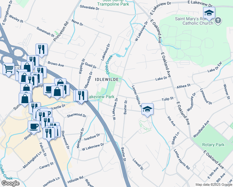 map of restaurants, bars, coffee shops, grocery stores, and more near 1705 West Lakeview Drive in Johnson City