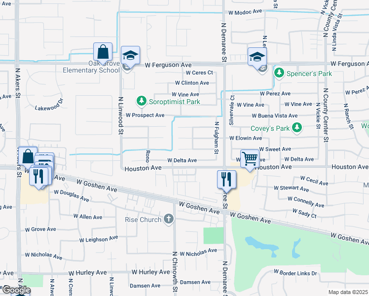 map of restaurants, bars, coffee shops, grocery stores, and more near 4004 West Sweet Avenue in Visalia