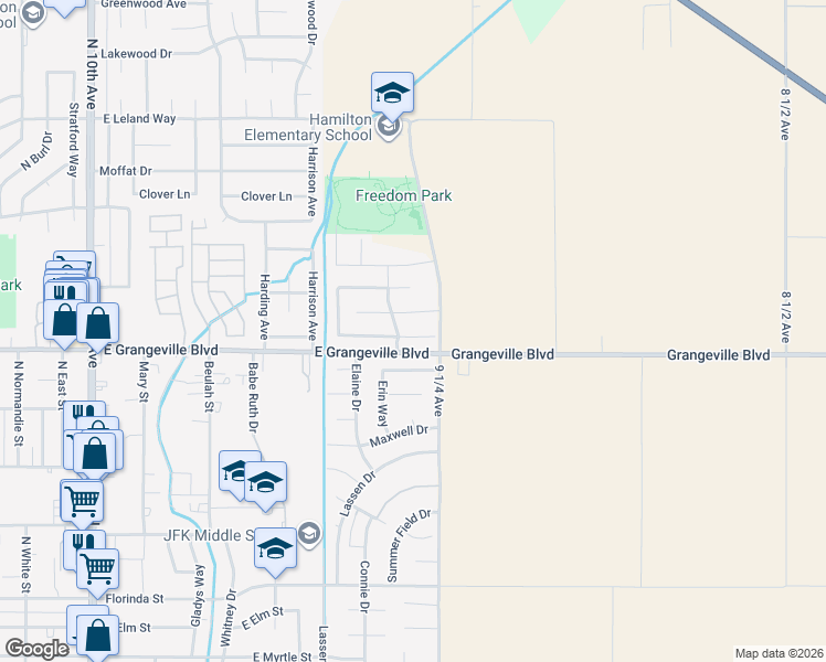 map of restaurants, bars, coffee shops, grocery stores, and more near 1301 Canyoncreek Street in Hanford