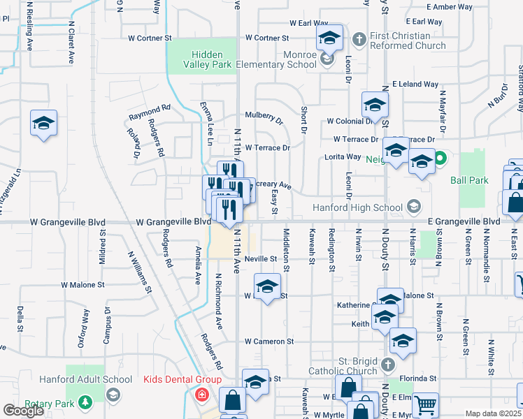 map of restaurants, bars, coffee shops, grocery stores, and more near 1713 McKinley Avenue in Hanford