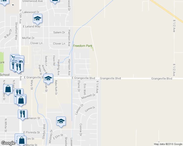 map of restaurants, bars, coffee shops, grocery stores, and more near 1301 Canyoncreek Street in Hanford