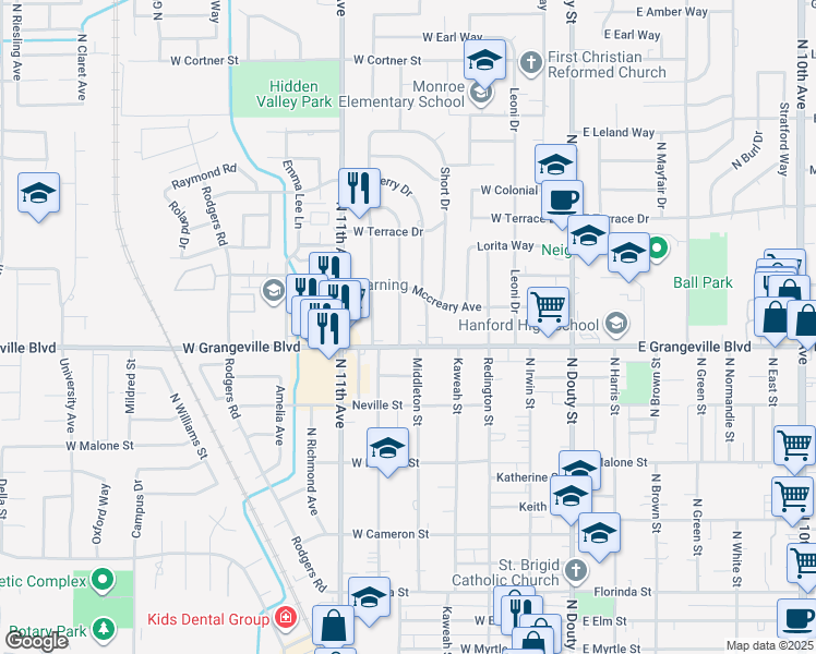 map of restaurants, bars, coffee shops, grocery stores, and more near 1750 Mulberry Drive in Hanford