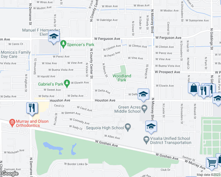 map of restaurants, bars, coffee shops, grocery stores, and more near 1509 North Ranch Street in Visalia