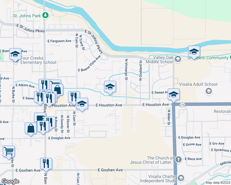 map of restaurants, bars, coffee shops, grocery stores, and more near 2516 East Harold Avenue in Visalia
