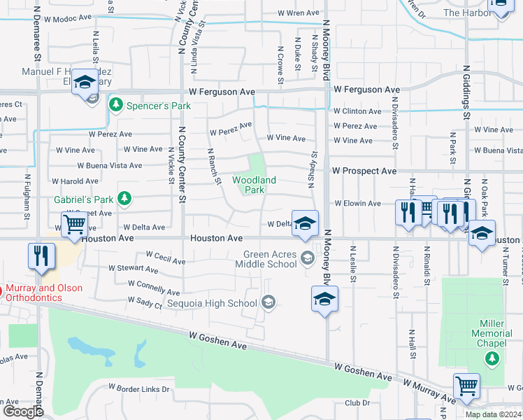 map of restaurants, bars, coffee shops, grocery stores, and more near 3924 West Sweet Court in Visalia