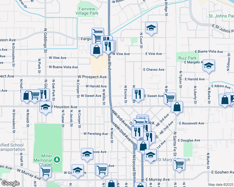 map of restaurants, bars, coffee shops, grocery stores, and more near 1538 N Dinuba Blvd in Visalia