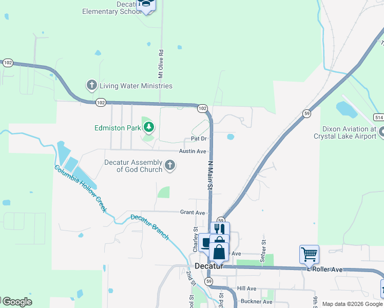 map of restaurants, bars, coffee shops, grocery stores, and more near 239 Austin Avenue in Decatur
