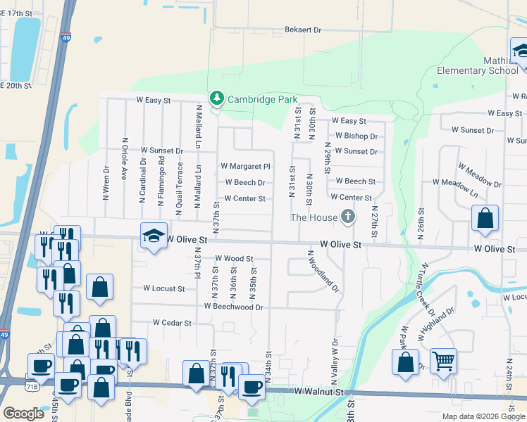 map of restaurants, bars, coffee shops, grocery stores, and more near 3403 Mockingbird Lane in Rogers