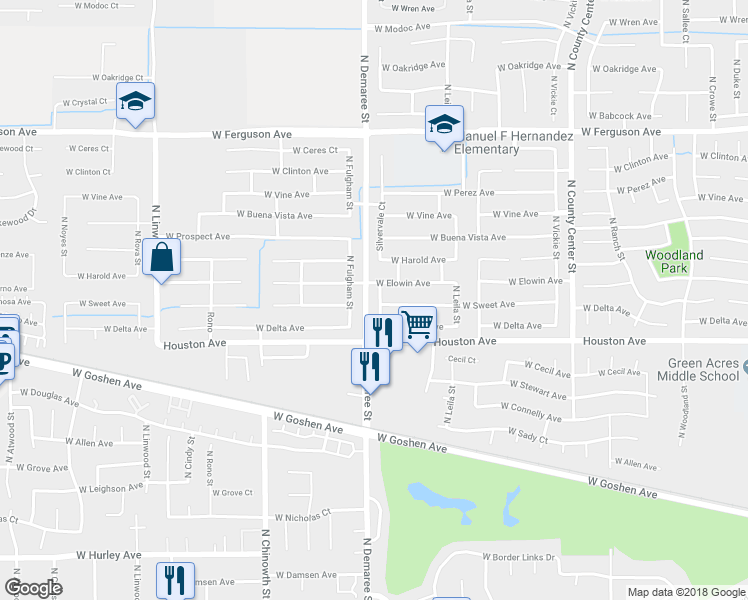 map of restaurants, bars, coffee shops, grocery stores, and more near 1509 North Silvervale Court in Visalia