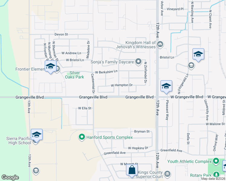 map of restaurants, bars, coffee shops, grocery stores, and more near 2048 West Claridge Way in Hanford
